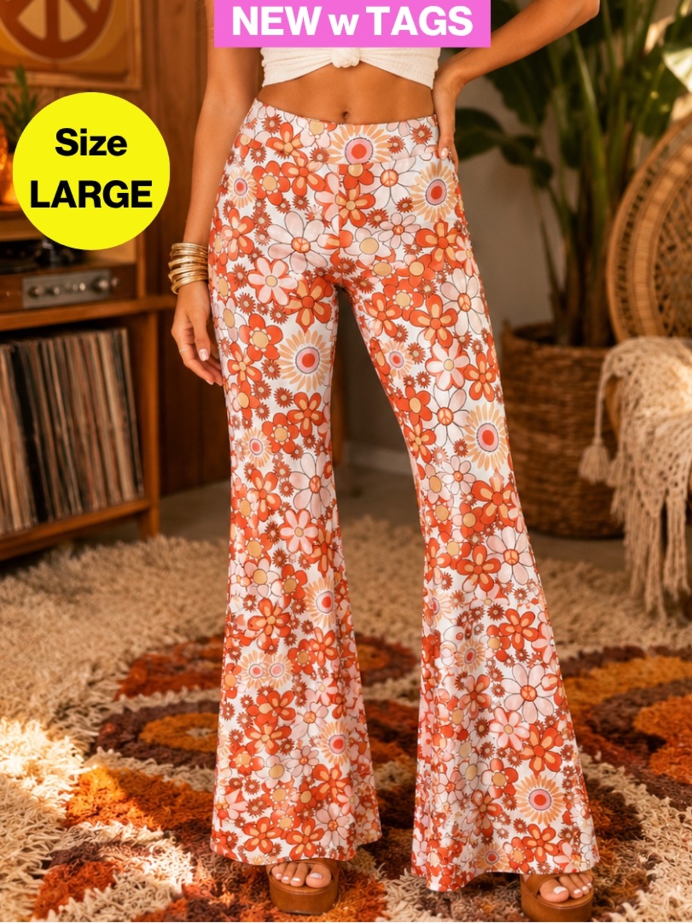 2/for $20 🪩 70s Bell Bottoms, Floral Stretch Pants (Women’s Large) NWOT